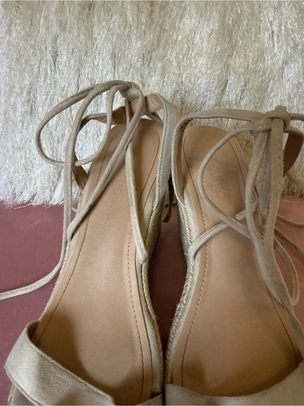 Lace-Up Espadrille Wedge Sandals - Neutral Beige Size 7.5